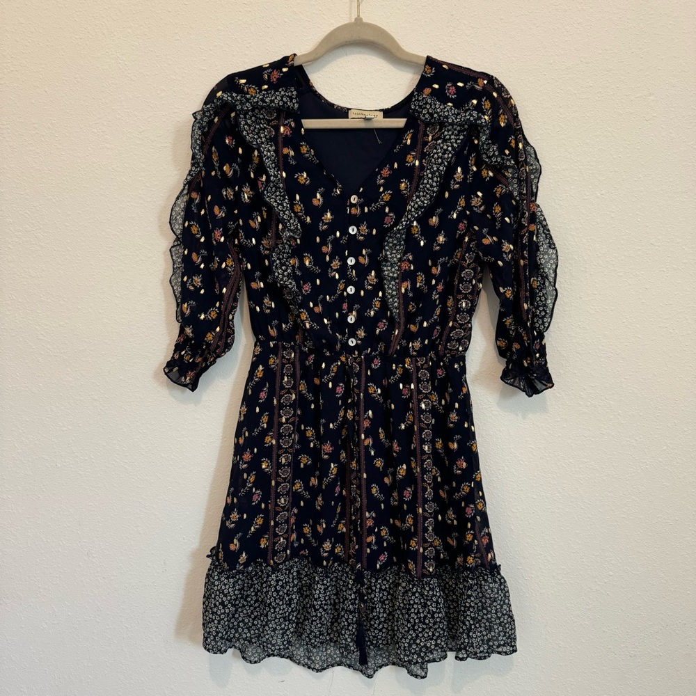 Trinhnology Vintage Floral Short Buttoned Navy Fall BOHO Dress Size Medium EUC